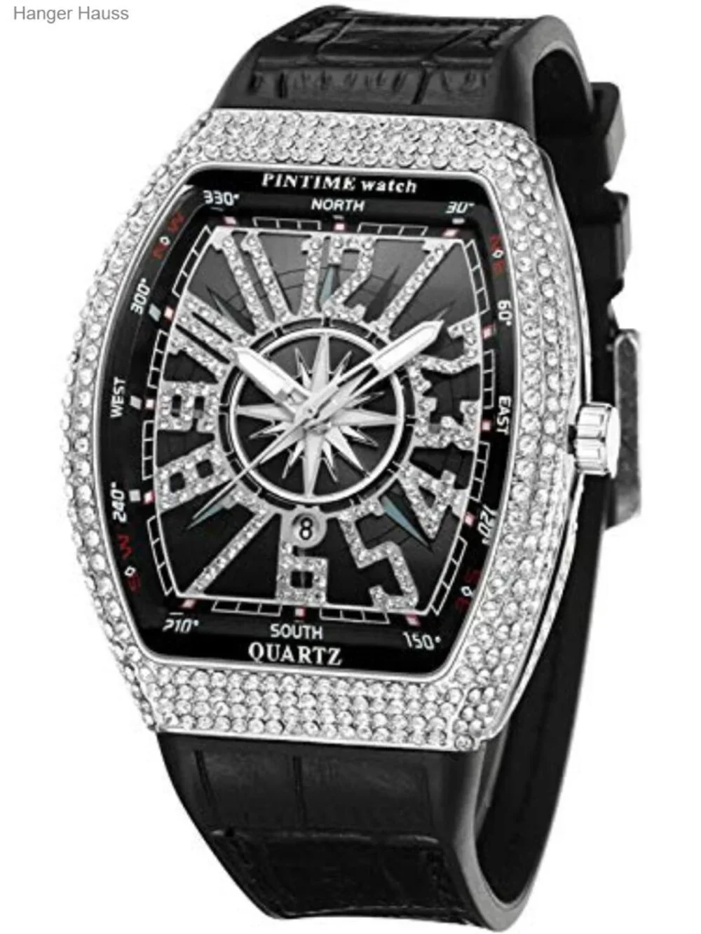Men's Skull Rectangle Watch Leather Strap Quartz Punk Diamond Bling Wrist Watch